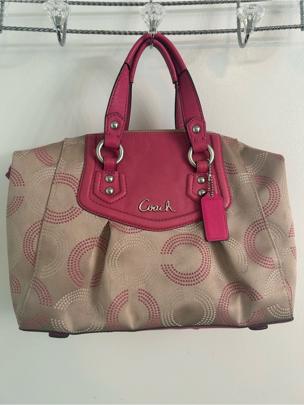 Coach Ashley dotted Op Art sateen satchel in khaki and hot pink with wallet - Picture 4 of 17